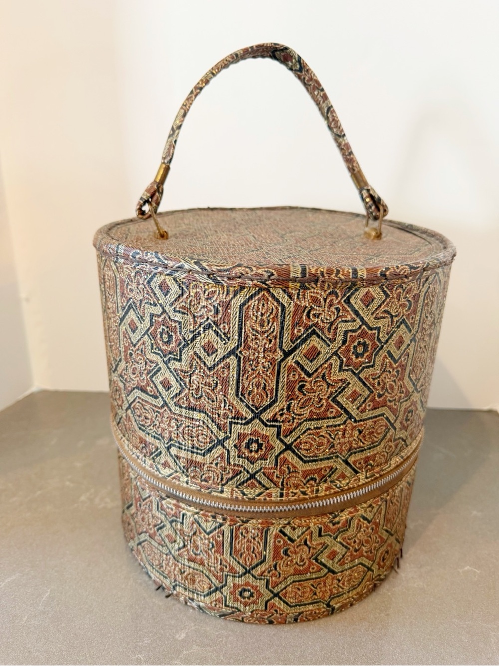 Vintage MCM Geometric round Wig or Hat zippered case travel luggage w handle